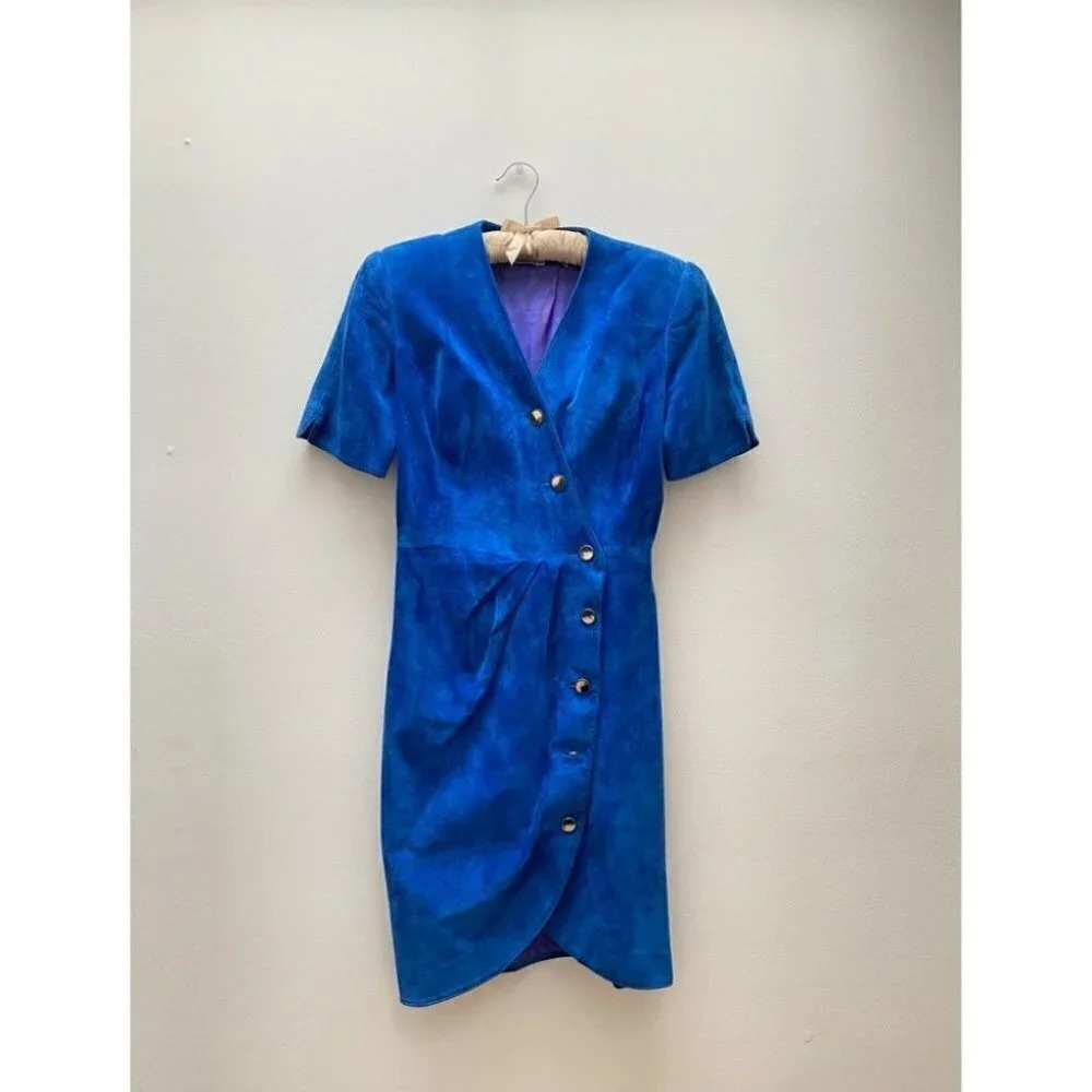 Vintage - Unique Royal Blue Short Sleeve Suede Leather Dress